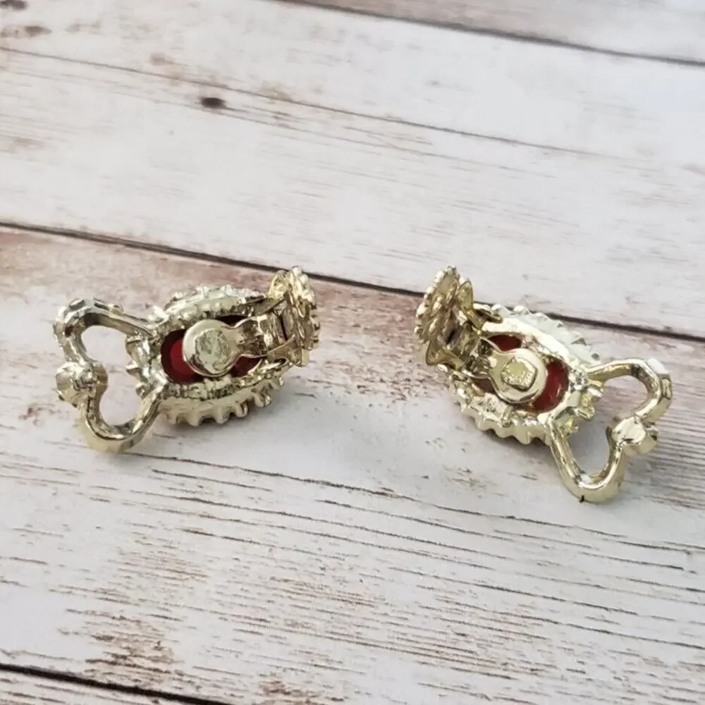 Vintage Clip On Earrings - Orange with Gold Tone Crown Halo